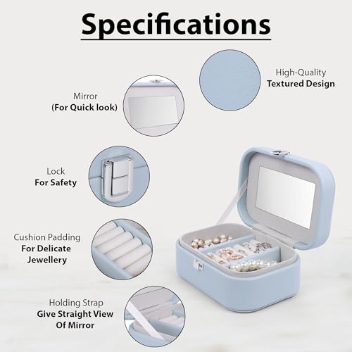 Image of BucketList PU Leather Jewellery Organizer Box with Mirror | Travel-Friendly Jewelry Storage Case with Ring Slots & Secure Lock (Travel Jewellery Box with Mirror (Blue))