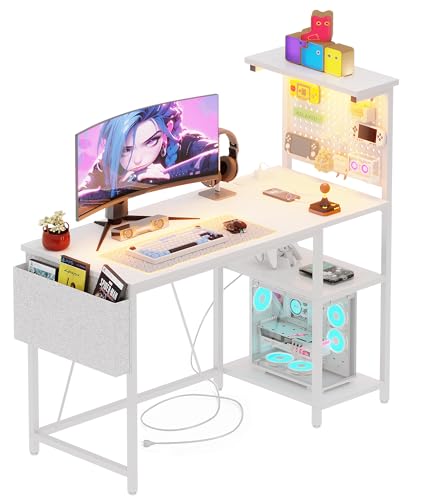 Xyphren Gaming Desk with Pegboard & Power Outlet & LED Light Small Computer Desk with Reversible Shelves for Corner Home Office Desk 100 * 50cm White