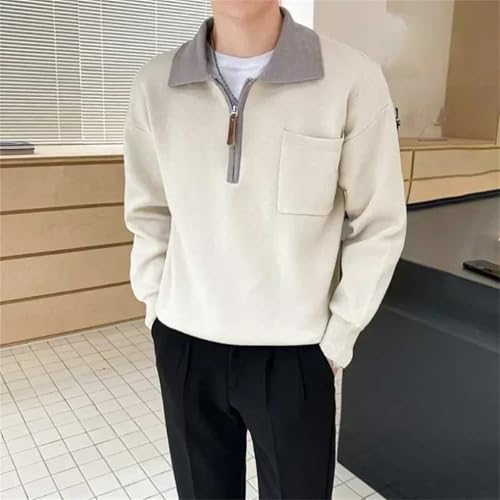 Mnjyihy Men Lapel Zipper Spliced Knitted Sweaters Casual Long Sleeve Business Slim Fit Pullover Sweater with Pockets4