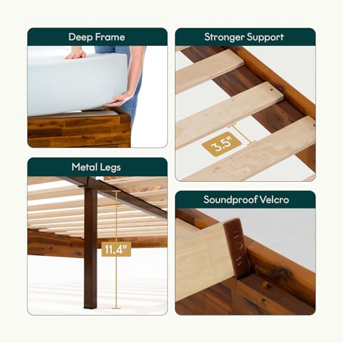 Image of Bme Ethan Queen Bed Frame with Diamond Headboard, Mid Modern, Solid Acacia Wood, No Box Spring Needed, Fits All Mattresses, Rustic Caramel