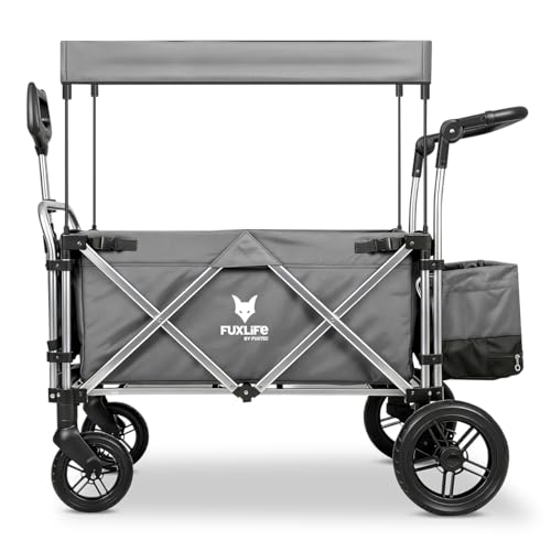 FUXLIFE Bollerwagen FX-CTL900 Grau - Premium faltbar • Kinder Transportwagen mit Sonnendach • gepolsterter Innenraum & 5-Punkt-Gurte • gefederte Räder • kompakt klappbarer Handwagen mit Kühltasche