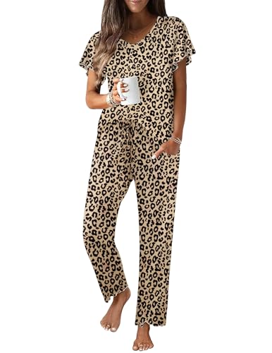 Ekouaer Pajama Sets Womens Short Sleeve Sleepwear Long Pants Pjs 2 Piece Lounge Set Soft Nightwear S-XXL