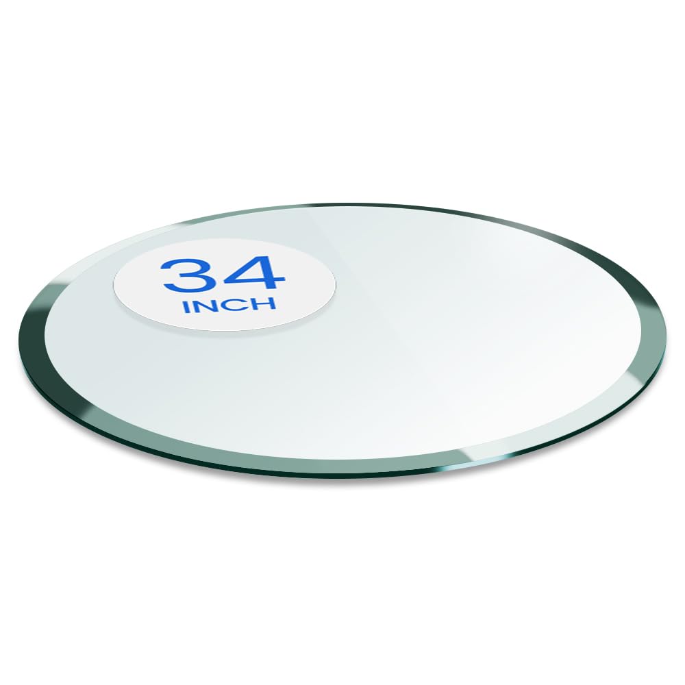 Dulles Glass 34 inch Round Glass Table Top - Tempered - 1/4" Thick Glass Surface, Safe Beveled Edge, Multipurpose for Dining Table, Patio, Coffee and End Table