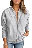 Timuspo Bomberjacke Damen Leicht Strickjacke Baumwolle Pullover mit Reissverschluss Praktische Trainingsjacke Herbst Winter Oberteile Grau XL