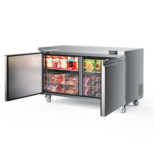 Image of Coolski Commercial Freezer, 60 inchW Double Door Under Counter Freezer with 17.6 Cu.ft., -13℉to -5℉ Stainless Steel Fan Cooling Worktop Freezer for Restaurant, Bar, Kitchen, Food Truck