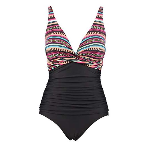 LA ORCHID Laorchid einteiliger Badeanzug bademode v Ausschnitt Damen Badeanzug bauchweg Push up Bademode Swimsuit high Waist Schwimmanzug Böhmen Streifen XXL