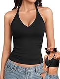 Avidlove V Neck Tank Top for Women Built in Bra Tanks Ribbed Racerback Fitted Long Casual Basic Cami Tops Black