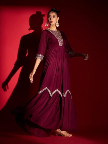 Image of Madhuram Women's Chinon Chiffon Traditional Ethnic Long Western Dress with Embroidery Work Long Kurta(M-2361)