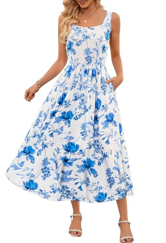 MEROKEETY Women's 2025 Summer Casual Floral Midi Dress Sleeveless Beach Vacation Tank Hawaiian Sundress, Blue, Large