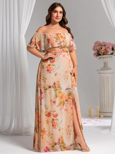 Ever-Pretty Women's Off Shoulder Short Sleeves Empire Waist Side Split Chiffon Flowy Plus Size Summer Bridesmaid Dresses3