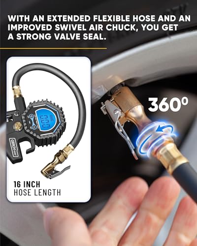 Digital Tire Pressure Gauge with Inflator (3-200 PSI), Heavy Duty Air Chuck and Compressor Accessories with Swivel Air Chuck, Longer Hose, Large Display (0.1 Res)