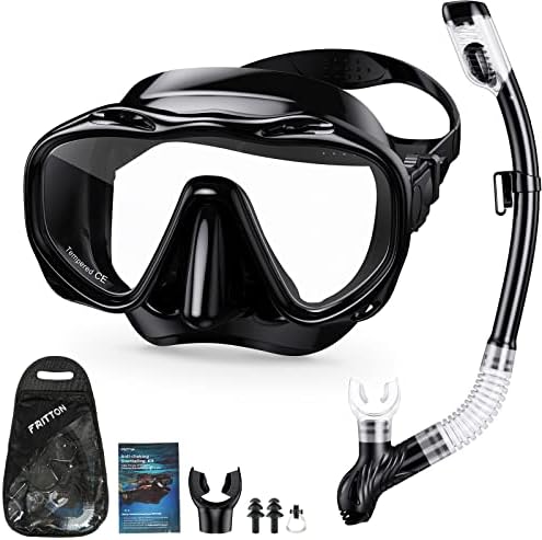 Snorkeling Gear for Adults, Snorkel Mask Set 180° Panoramic View Snorkel Gear, 100% Food-Grade Silicone Anti-Fog Anti-Leak Dry Top Diving Mask for Snorkeling Swimming Scuba Diving (Black)
