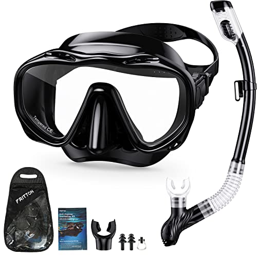 Snorkeling Gear For Adults, Snorkel Mask Set 180° Panoramic View Snorkel Gear, 100% Food-Grade Silicone Anti-Fog Anti-Leak Dry Top Diving Mask For Snorkeling Swimming Scuba Diving (Black) #TOP15