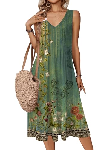 Image of Zeagoo Women Summer Casual Dresses 2026 Sleeveless Midi Pleated Tank Sundress with Pockets V Neck A Line Swing Tshirt Dress