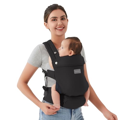 Image of Topmeta Baby Carrier Newborn - Ergonomic, Cozy and Lightweight Infant Carrier for 7-24lbs, Adjustable Neck Support, Ideal for Hands-Free Parenting, 100% Cotton, Black