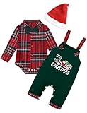 Tomolant Baby Boy Christmas Outfit 6-9 Months My First Christmas Day Baby Boy Outfit Plaid Long Sleeve Romper + Green Overall Pants + Cute Hat 3pcs Xmas Baby Clothes Sets