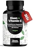 Eisen hochdosiert mit Vitamin C- 365 Tabletten - Eisenbisglycinat/Eisentabletten mit Vitamin C, Eisen Vitamin C vegan & produziert in Deutschland - Laborgeprüft