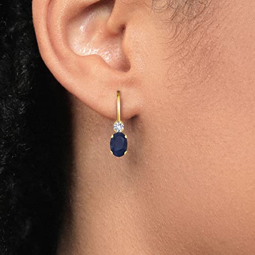 Gem Stone King 14K Yellow Gold Blue Sapphire and White Created Sapphire Leverback Earrings For Women | 1.18 Cttw | Gemstone September Birthstone | Oval 6X4MM, Round 2MM | 3/4 Inch3
