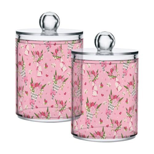 Paquete de 2 tarros de almacenamiento transparentes para el baño, dispensador de bolas de algodón, diseño de tulipanes y tulipanes de San Valentín
