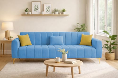 Image of Casaliving Velour Modern Velvet Sofa, Tufted Design Upholstered 3 Seater Sofa Set for Living Room, (Turquise Colour) Premium Velvet Fabric Sofa