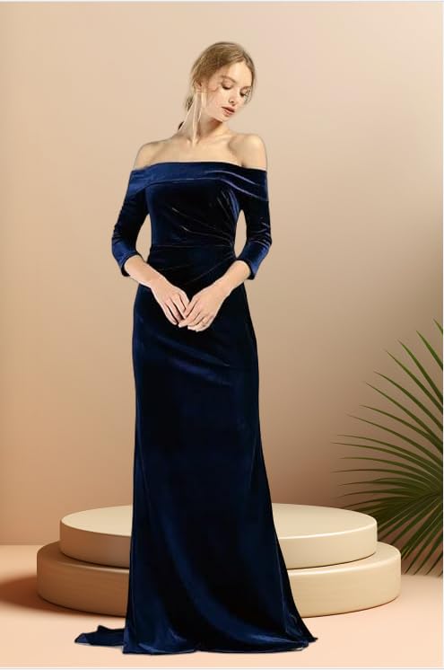 Long Sleeve Mother of The Bride Dresses Off Shoulder Wedding Guest Dress for Women Velvet Formal Gowns with Ruches2