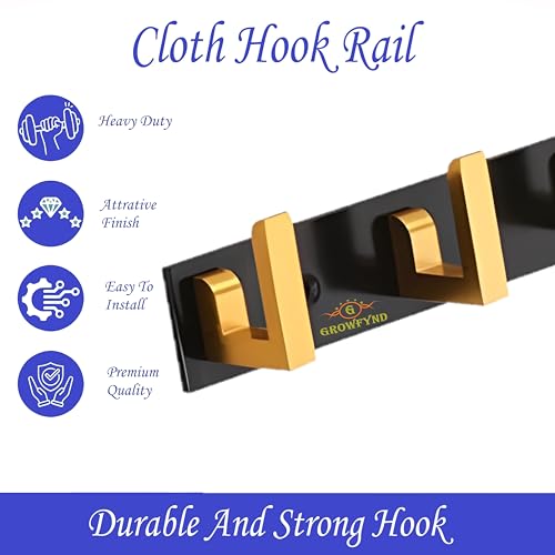 Image of Heavy Duty L Type Stainless Steel Cloth Hanger Suitable for Bathroom Bedroom Kitchen Wall Hook Rail Hanging Scarf Coat Keys Tie, Towel, Robe Hanger (Pack of 4, 6 Pin Black Gold)