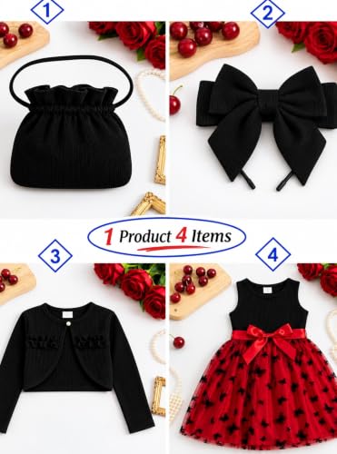 Image of TAGAS Baby Girls Party Dress with Shrug, Headband & Purse | Butterfly Net Frock with Bow | Birthday Dress Set | 4-Piece Outfit | Red & Black | Ages 1-9 Years