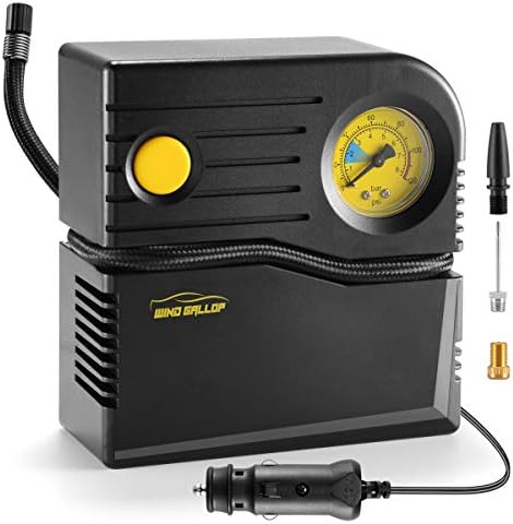 WindGallop Car Tyre Pump, Small 12V Analogue Tyre Inflator Air Compressor Car Pump, Electric Bike Pump Car Air Pump with Tyre Pressure Gauge and Inflator Valve Adaptors (Yellow)