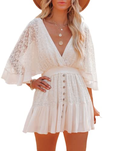 Vestido Bohemio de Encaje para Mujer, Manga Acampanada, Vestido de Verano con Cuello en V Vestido de vacacionesinformal Vestido de Fiesta con Volantes Vestido Largo de Vacaciones para Mujer S-L Cover