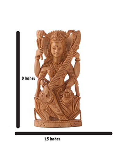 Image of RDK Handcrafted Sandalwood Saraswati Figurine - 3-Inch Decorative Wooden Sculpture Inspired by Traditional Indian Art - Natural Chandan Wood for Home, Study, or Office Display