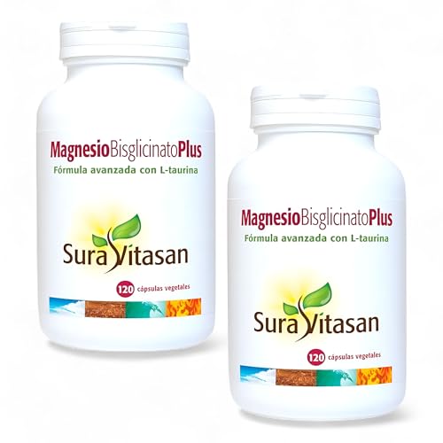 Sura Vitasan Magnesio Bisglicinato Plus - Pack Ahorro 2 x 120 Cápsulas Vegetales - Con Taurina - 300mg por 2 Cápsulas - Suplemento para Músculos y Huesos