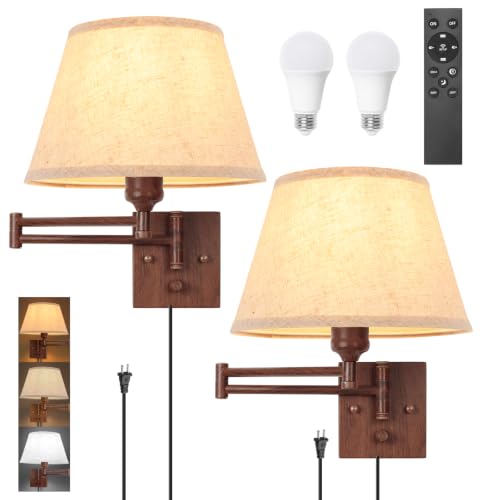Image of TRLIFE Wall Sconce Plug in, Remote Control Dimming 10-100% and Adjustable Color Temperature 2700K-6500K Swing Arm Wall Lights with Plug in Cord, 11.8 inch Large Beige Fabric Shade(2 Pack, Walnut Color)