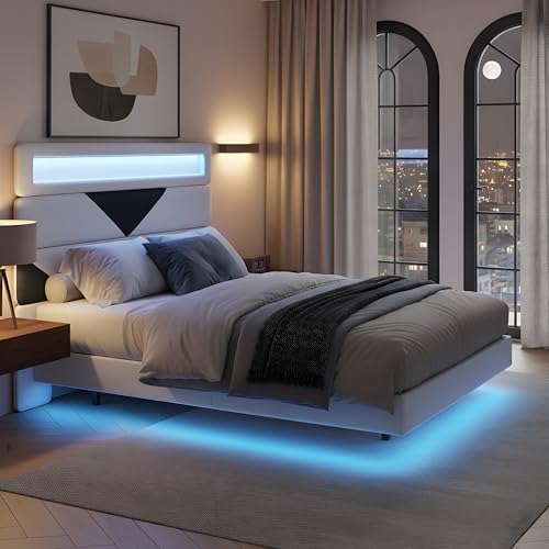 QLTXYHML Lit Double 160x200, Lit Capitonné avec Éclairage LED RGB & Charge USB, Cadre de Lit Flottant avec Tête de Lit Modulable, avec sommier à Lattes...