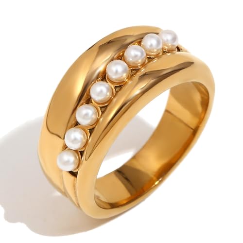 Pearl Beaded Statement Ring for Women Stainless Steel Thick Finger Bands Stacking Pearls Band Minimalist Wrap Engagement Rings Dainty Jewelry