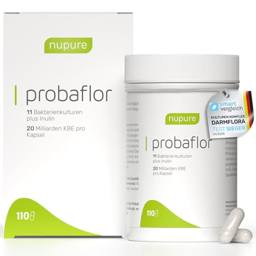 Nupure® Probaflor mit 345 Mrd KBE/g*, 110 Kapseln mit 11 Spezielle Bakterienstämme, Mit Inulin und Lactobacillus salivarius SP2, Besser geschützt dank Spezialdose, Vegan
