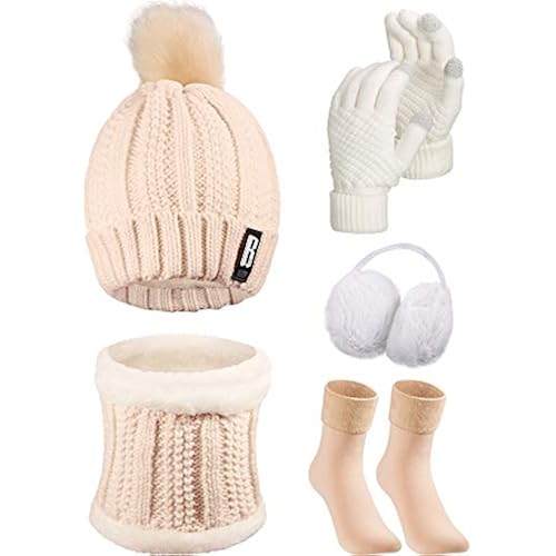 SATINIOR 5 Pcs Winter Hat Scarf Gloves Set Fleece Warm Lined Knit Beanie Hat Touch Screen Earmuff Gloves Warmer for Women