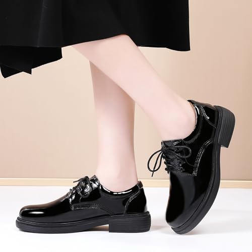 Image of OKJ Oxford Shoes for Women, Black Womens Oxford Shoes Leather Platform Women's Oxfords Comfortable Dressy Slip On, Lace Up Loafers Casual Work Business Dress Office Oxfords Shoes