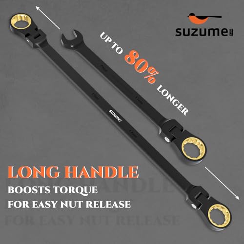 Image of SUZUME Extra Long Flex Head Ratcheting Wrench 17-19mm Metric Double Box End 180 Flexible Head 72-Tooth 15K Gear Tested CR-V Steel Black Chrome Finish For Suspension Heavy Equipment & DIY