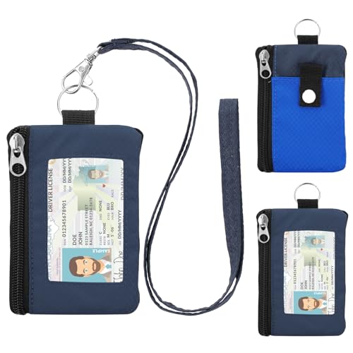 Image of Minimalist RFID Wallet with Lanyard, Multi-Functional ID Case with 2 Zipper Pockets and Key Chain for Men and Women, Tactical Badge Pouch Cards Holder, Coin Purse for Travel Sports-DarkBlue