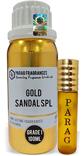 Parag Fragrances Gold Sandal Spl 100Ml Natural Attar (With Empty Fancy Bottles) Alcohol Free Grade 1 Natural Attar/Perfume Oil/Essential Oil For Clothes, Religious Use & Cosmetics Making