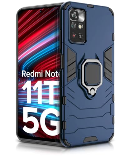 Image of WOW IMAGINE Shock Proof Back Case Mobile Cover for Redmi Note 11T 5G | Poco M4 Pro 5G | Back Cover Case (Tough Armor | Hybrid PC + TPU | Ring Holder & in-Built Kickstand | Blue)