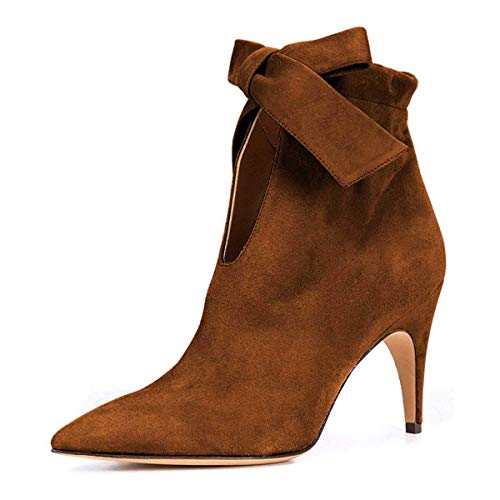 XYD Botines clásicos de punta puntiaguda para vestido de tacón bajo de gatito botas elegantes para mujer, Marrón (Marrón), 38 EU