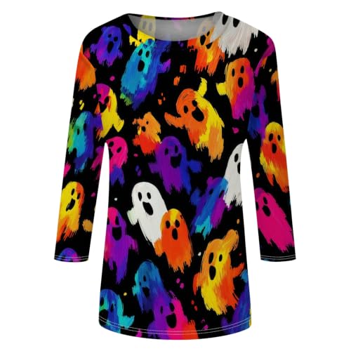 Image of Women Spooky Halloween Graphic Shirt 3 /4 Length Sleeve Crewneck Top | Halloween Funny Printed Pumpkin Plus Size Tshirts 2026 Fall Outfits Skeleton Tee Going Out Tops