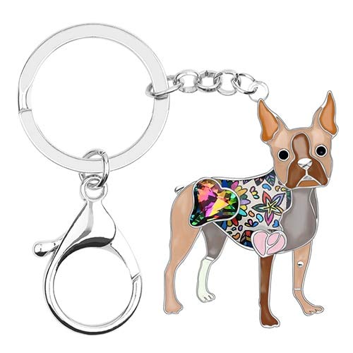 Preisvergleich Produktbild WSMWSM Emaille Legierung Strass Boston Terrier Hund Schlüsselanhänger Schlüsselanhänger Anhänger Tier Haustiere Schmuck Für Frauen Mädchen Tasche Charms New Brown