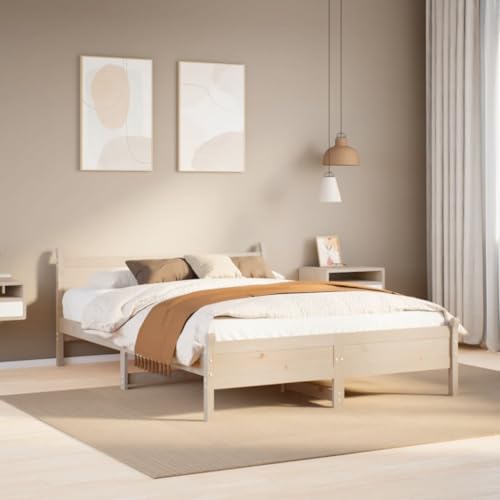 Mokuyary Cama de madera maciza sin colchón, 135 x 190 cm, marco de cama de pino, cama con somier de láminas, plataforma marco de cama, fácil montaje para dormitorio, habitación de invitados, A17