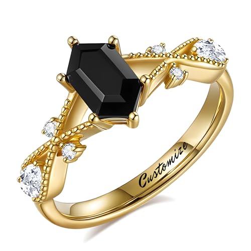 Black Onyx Couples Ring Set - Black Onyx Rings For Women - Promise Rings For Her - Men Wedding Band Wood Barrel Meteorite