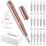 Permanent Eyebrow Makeup Tattoo Machine Kit with 15pcs Mixed Cartridges Needles for Shading Eyeliner Lip Microshading(Pink)