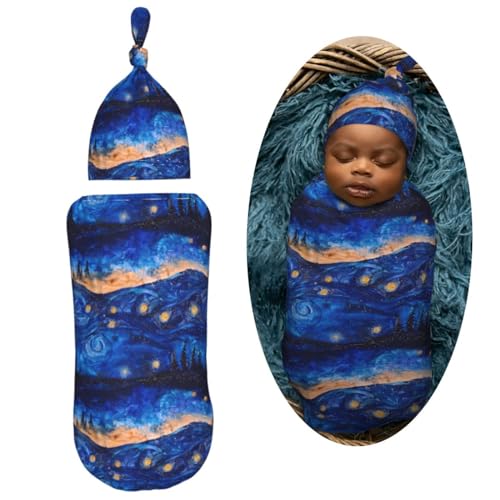 Image of Starry Sky Watercolor Starry Newborn Swaddle Blankets Hat Sets Soft Baby Receiving Blanket Swaddle Sack for Baby Shower Infant Boy Girl Gift