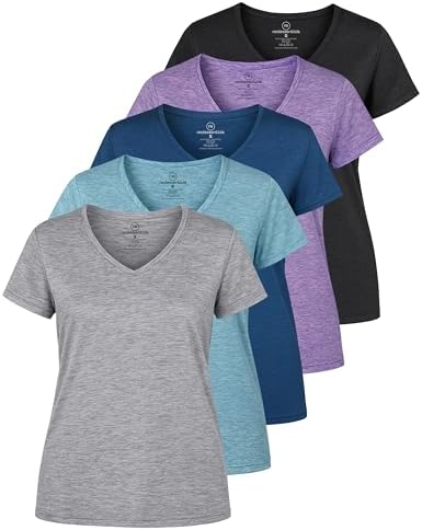 Real Essentials 5 Pack: Women's Dry-Fit Short Sleeve V Neck T Shirt Workout Fitness Yoga Top Tee (Available in Plus Size)
