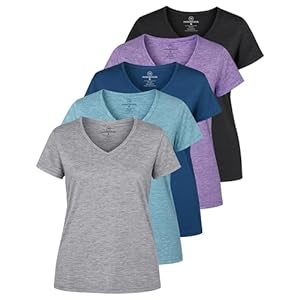Real Essentials 5 Pack: Women’s Dry Fit Short Sleeve V Neck Workout Top – Fitness Gym Athletic Yoga T-Shirt (Plus Available)